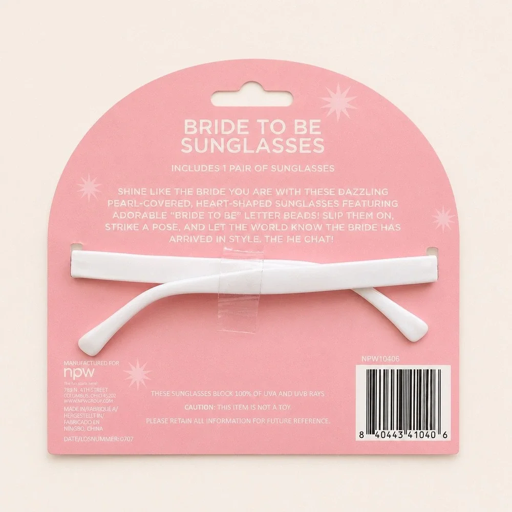 NPW Bachelorette Social Club Bride to Be Pearl Heart Sunglasses White